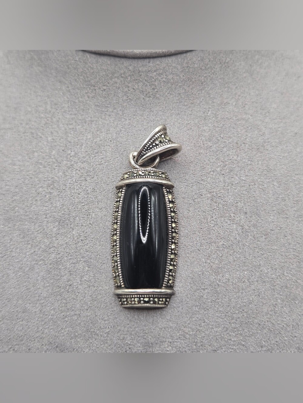Source Unknown Silver Black Onyx Marcasite Pendant
